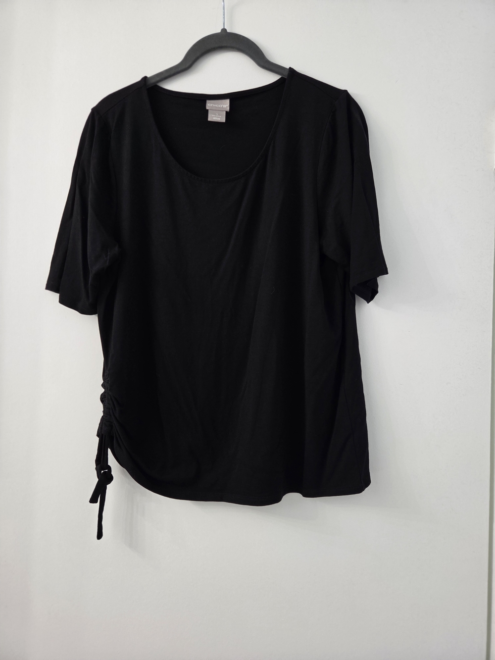 Chico's Black Scoop Neck Short Sleeve Top with Side Tie